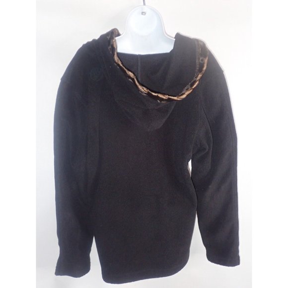 Wooly Bully Fleece pull over Hooded Top Women XL Button Neck Black faux fur trim - Picture 5 of 7